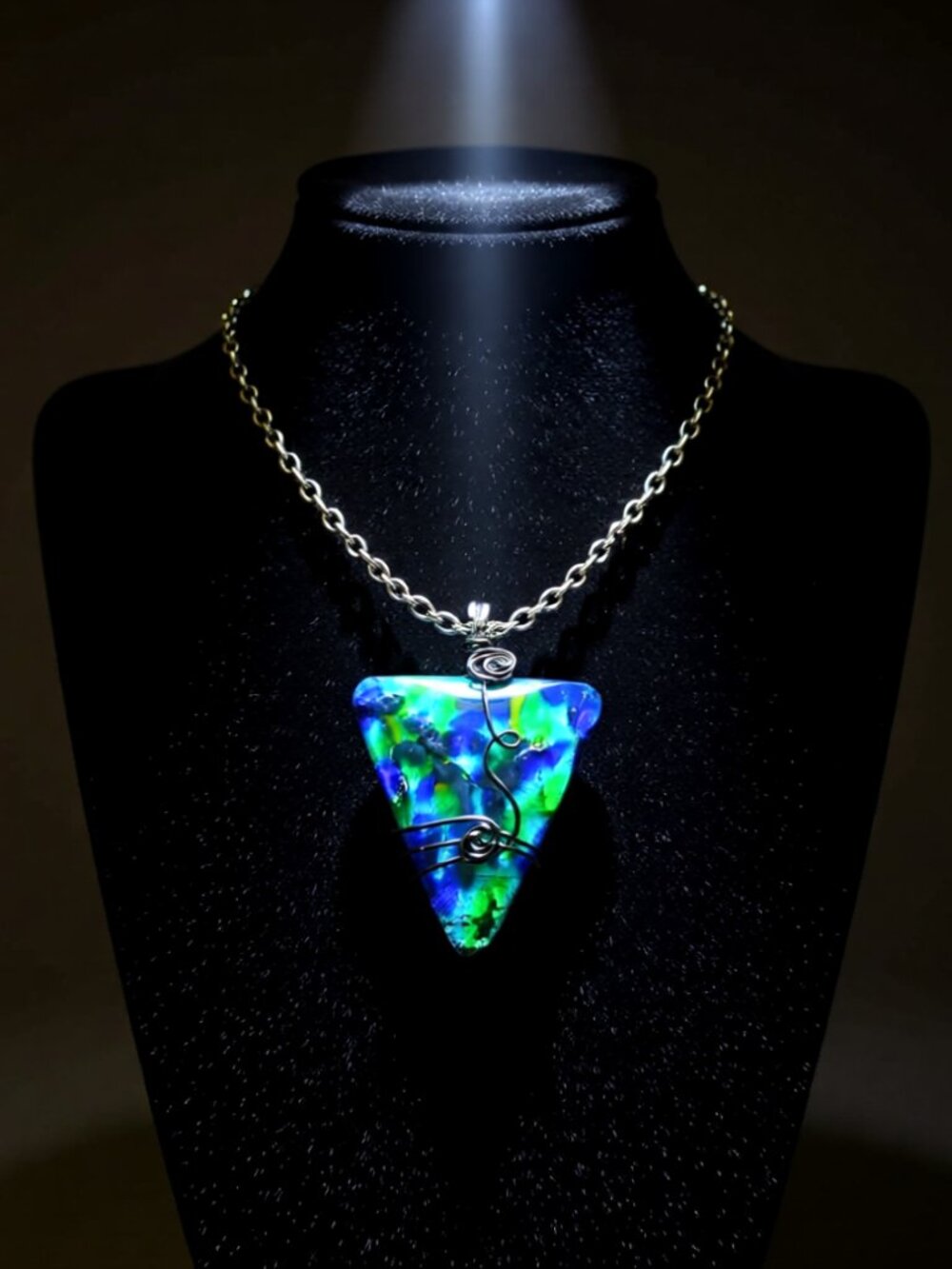 Amazing Colors! Hand Crafted Fused Glass Pendant w. Gunmetal Black Chain 24"